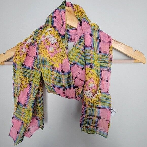 Lightweight Silky Feeling Chiffon Rayon Scarf Pink Plaid Barroque 54 by 12 y2K - Picture 1 of 5